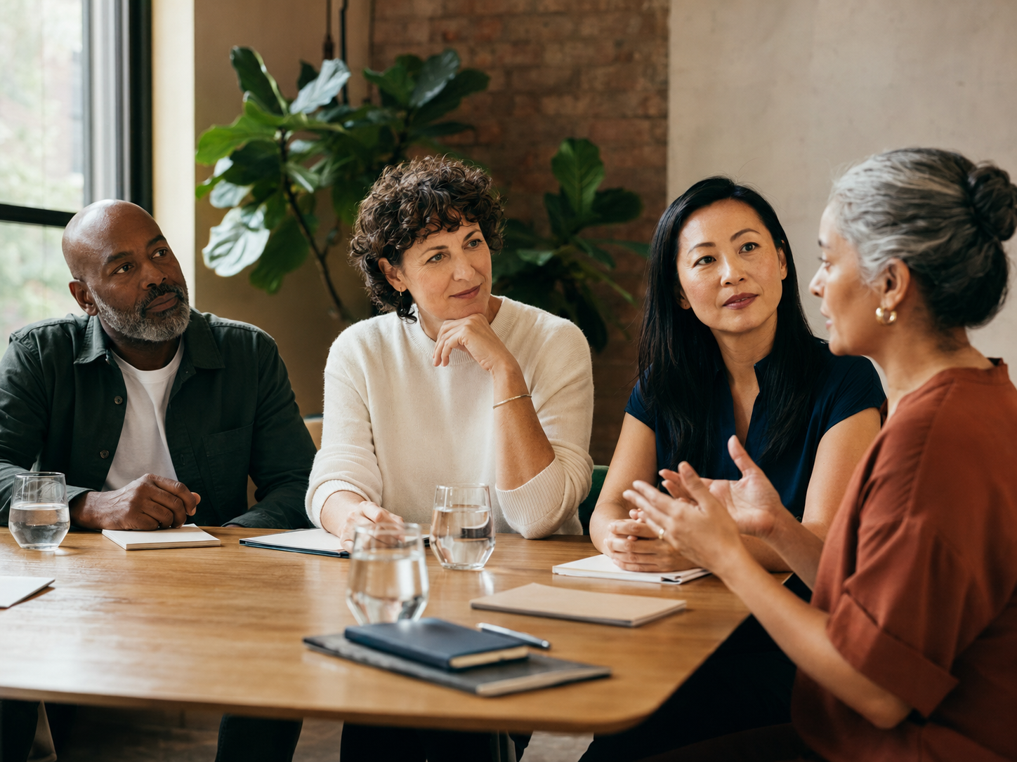 A diverse group of professionals sharing ideas around a workshop table